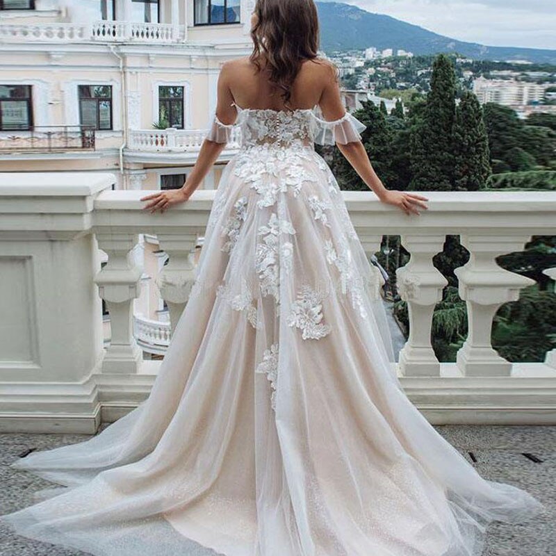 Rose Moda Off Shoulder Lace Boho Wedding Dress Custom Make Gilltering Lace Wedding Dresses