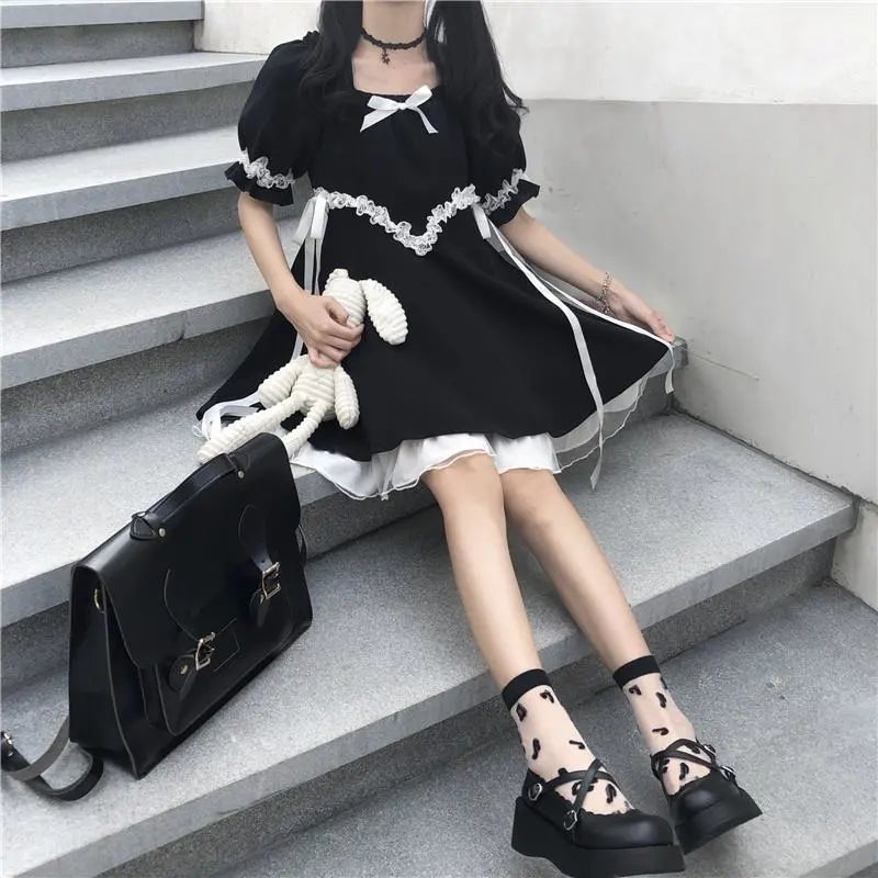 Lizakosht Women's Gothic Lolita Dress Goth Punk Gothic Harajuku Mall Goth Style Bandage Black Dress Emo Clothes Dress Spring