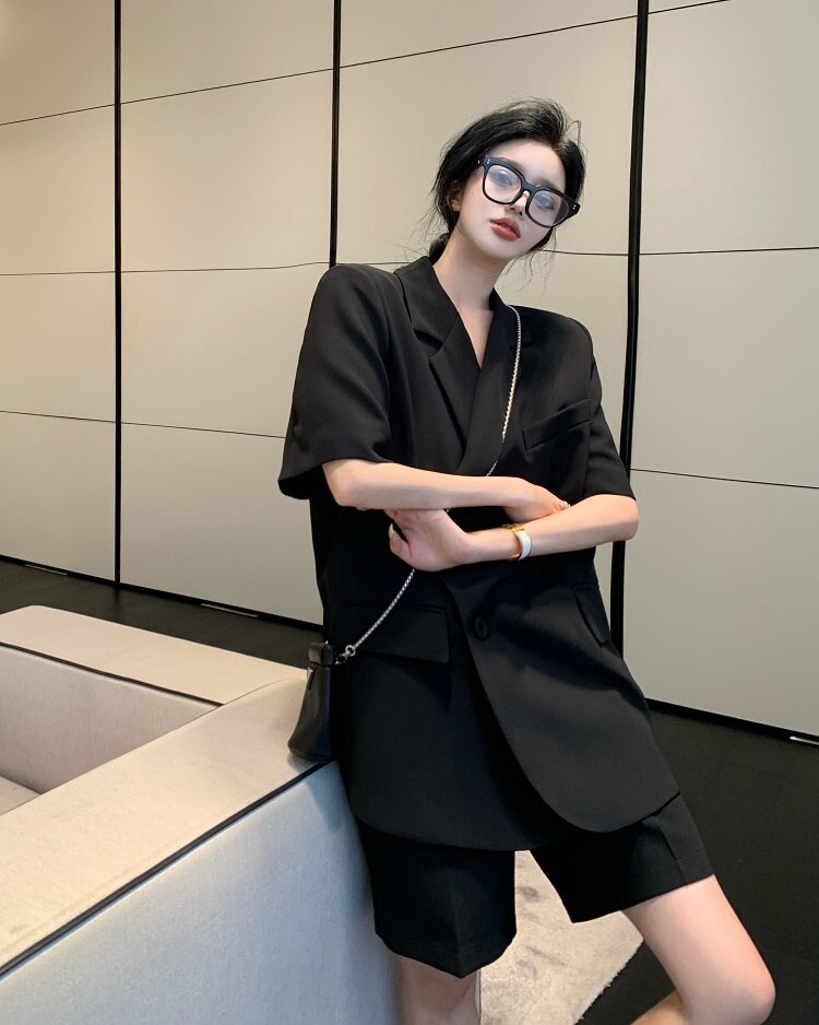 Fashion Office Lady Blazers Short Suit  2 Pieces Casual Women Summer Female Jacket Outfit Set