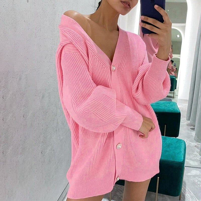 Tossy Solid Casual Knitted Cardigan Sweater 2021 Spring New High Street Outwear Pullover Female Coat Oversize Sweaters Jumper