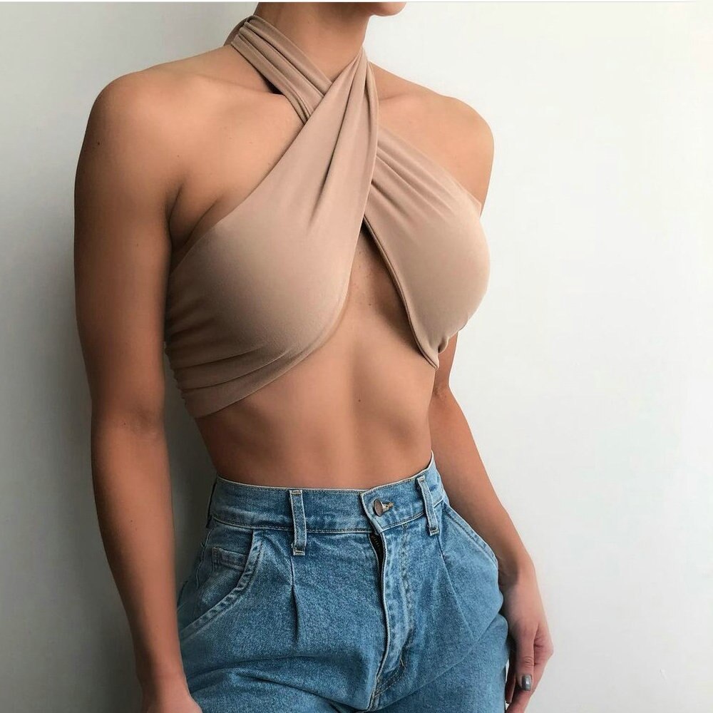 Solid Color Bandage Wrap Crop Top Women Cross Over Front Cut Out Halter Neck Sleeveless Backless Fashion Sexy DIY Tank Vest