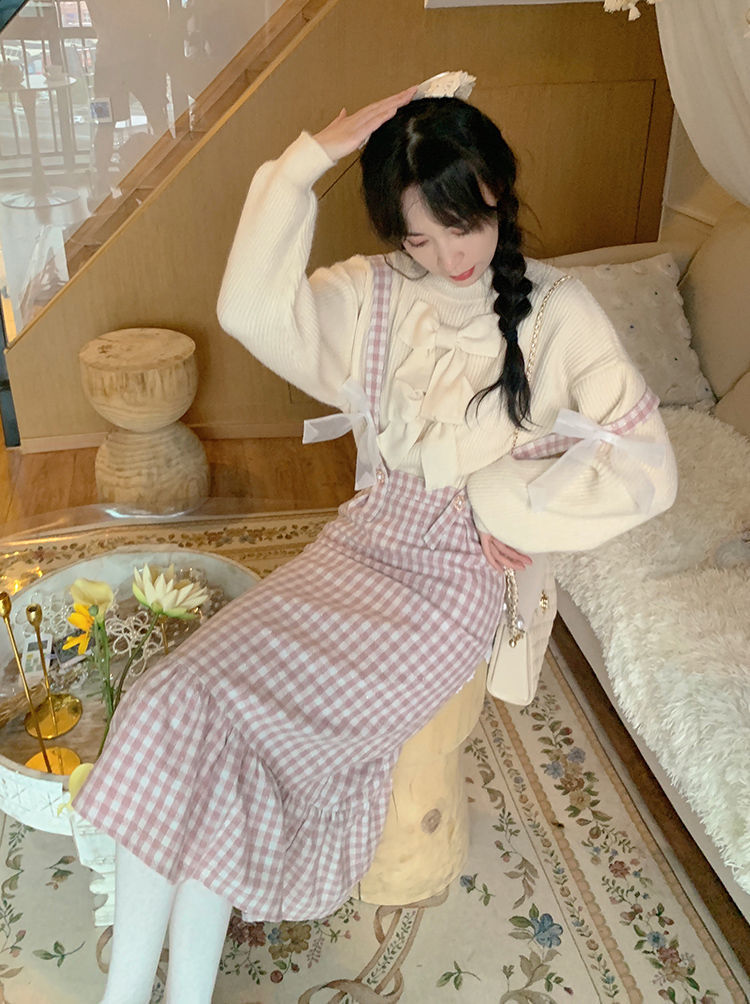 Kawaii Woolen Pink Plaid Mermaid Skirt Women Autumn Japanese Sweet Elegant High Waist Slim Strap Long Skirts Soft Girl