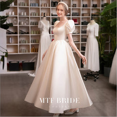 New Wedding Dress Pearls Ankle Length Elegant Latern Short Sleeves Square Princess Satin Bride Dress wedding night dress