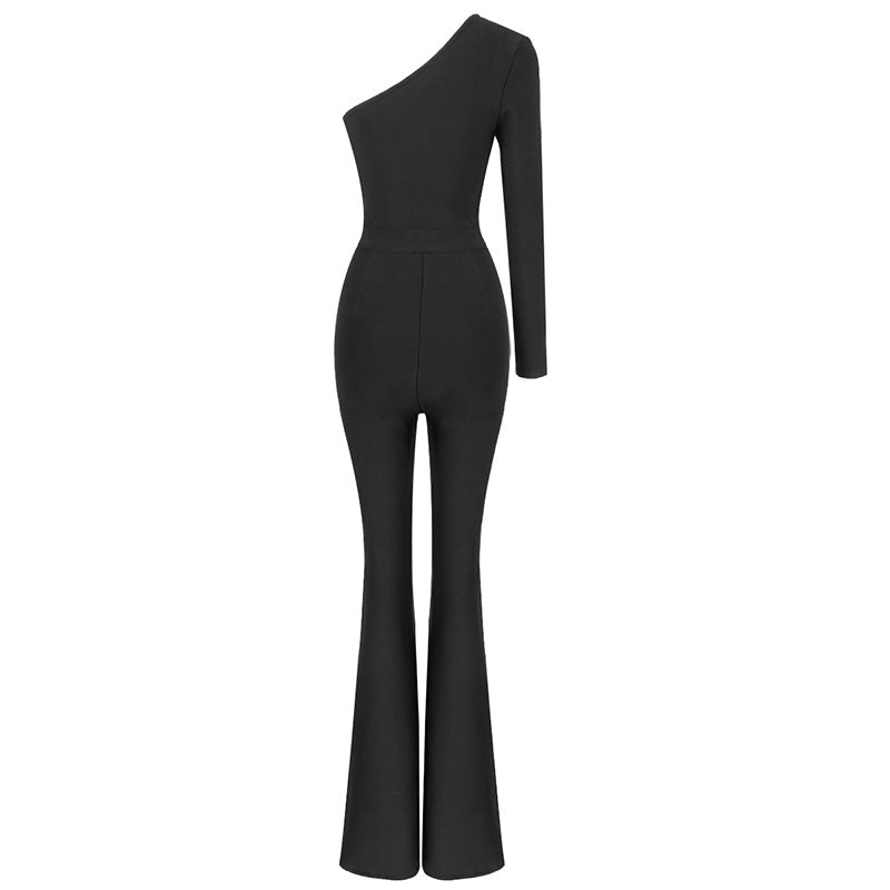 Lizakosht  NEW Mesh Diamond Bling Jumpsuit Women Black Long Sleeved Diagonal Collar Black Wide Leg Flare Pants Sexy Jumpsuits High Quality