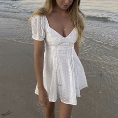 White Floral Sexy Dress Women Lace-up Details Cotton Embroidery Mini Summer Dress V-neck Supper Chic Ladies Dress