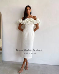 Lizakosht Ivory Off Shoulder Sheath Cocktail Dresses 2022 Ruffles Satin Mini Evening Gowns Above Knee Formal Party Gowns