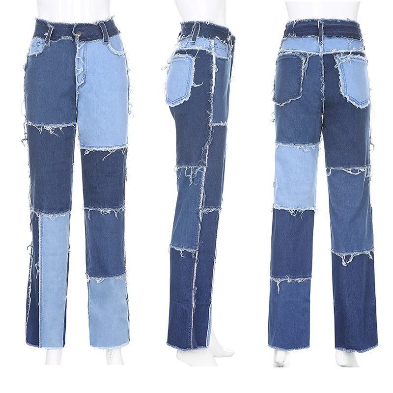 OrangeA Summer Women Denim Striped Patchwork Street Casual Hip Hop High Waist Loose Straight Jeans Pants Mujer Fashion Trousers