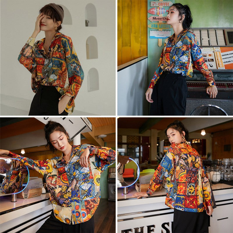 Women Retro Sunflower Print Shirt Oil Painting Print Design Blouse Girl Loose Lapel Tops and Blouses 2021  New