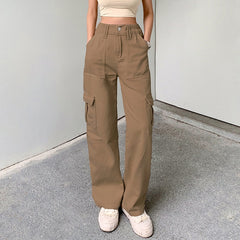 High Waist Straight Cargo Pants For Women Pocket Casual Loose Vintage Button Female Trousers 2022 New Autumn Ladies Jeans