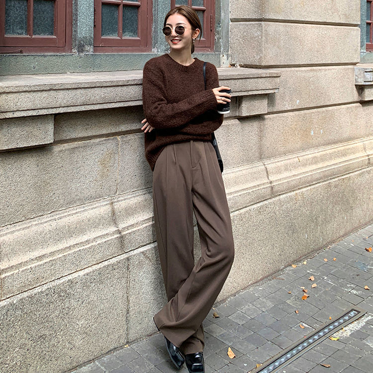 Bella Philosophy 2022 Retro Straight Wide Leg Pant Vintage Female Korean High Waist Casual Long Coffee Pant White Beige Trousers