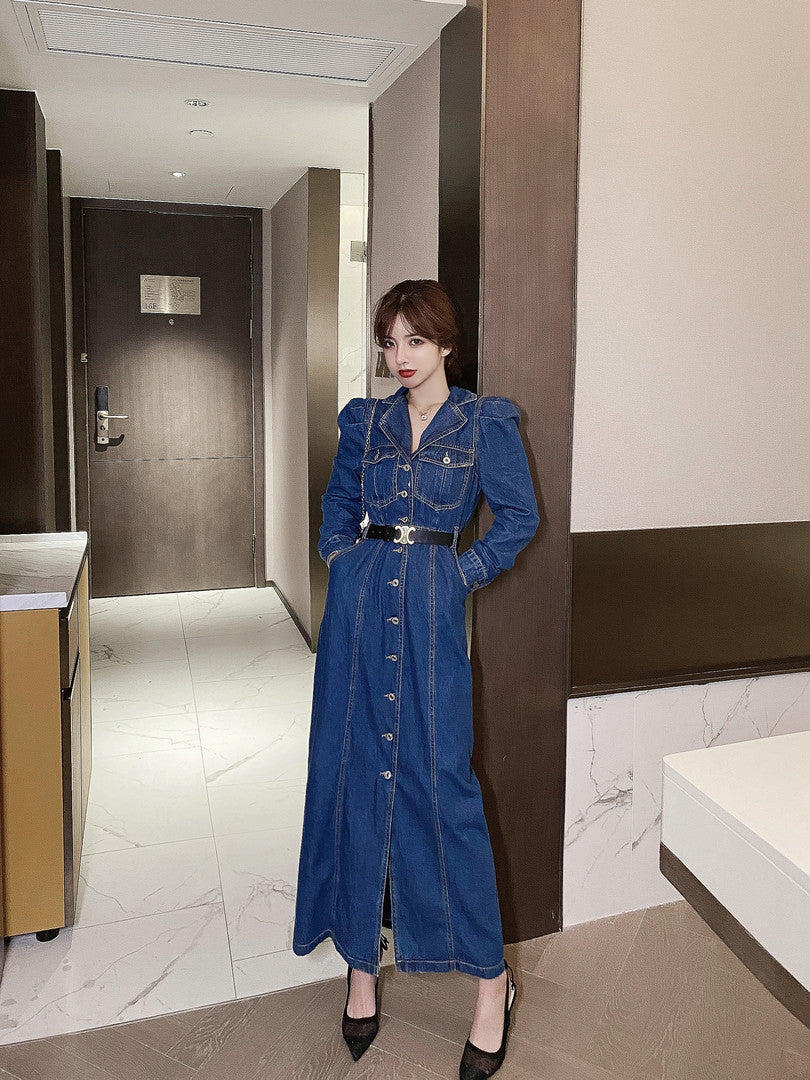 Autumn Denim Long Dress Women Casual Lapel Long Sleeve Long Cowboy Vestidos Korean Elegant Work OL Jean Dress Robe Femme