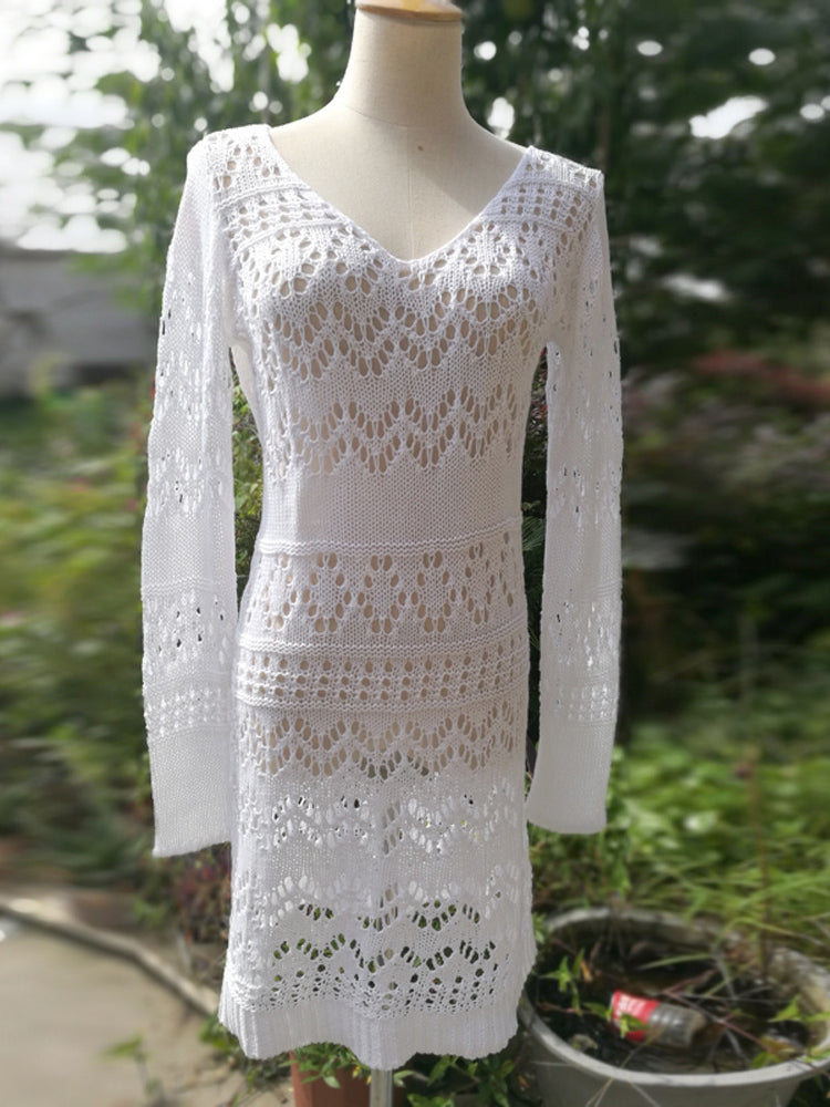 Crochet Knitted Sexy Summer Beach Dress Women V Neck See Through Sweater Dresses Solid Long Sleeve Casual Bikini wear