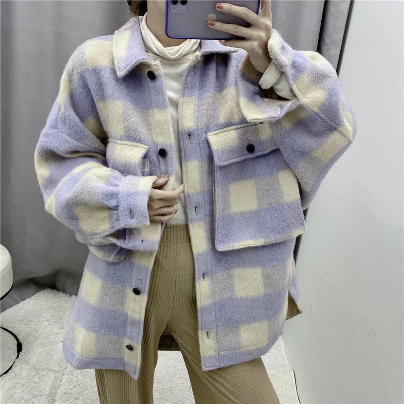 Ladies Vintage Pocket Overshirts Oversized Plaid Jacket Women Coat Long Sleeve Loose Woolen Jacket Female Outerwear Chic Tops