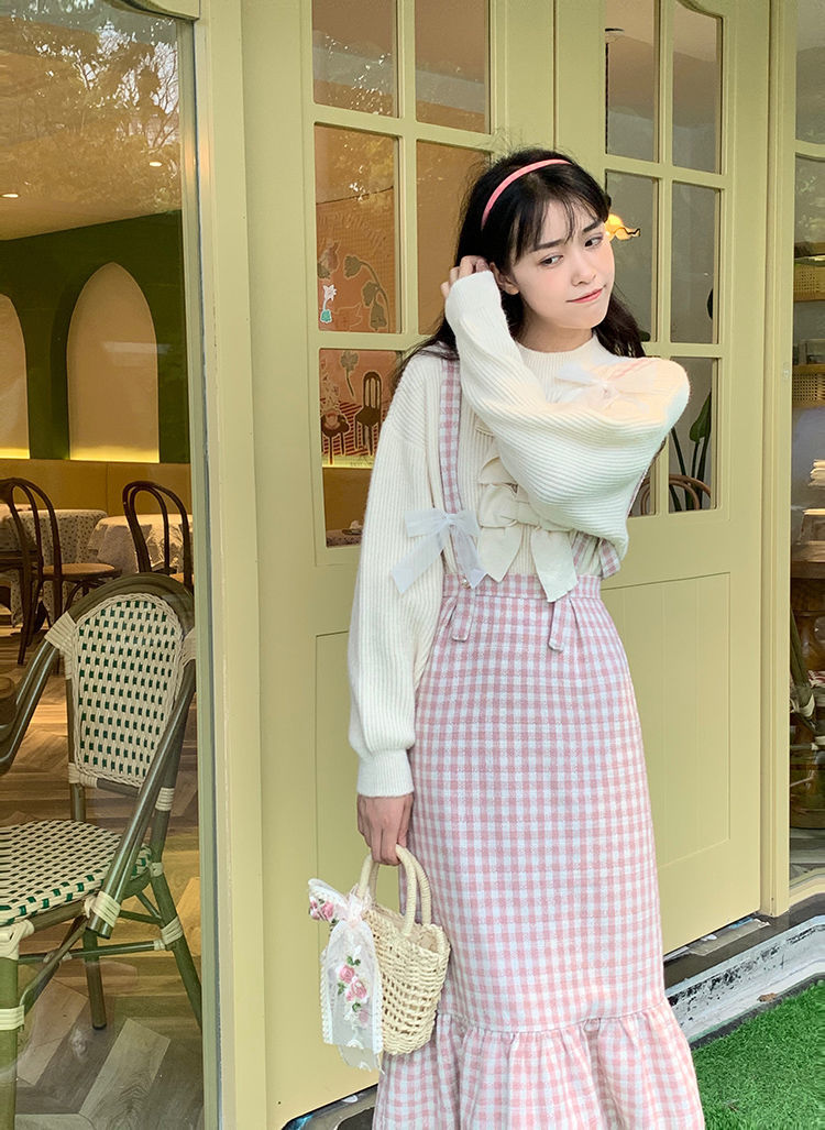 Kawaii Woolen Pink Plaid Mermaid Skirt Women Autumn Japanese Sweet Elegant High Waist Slim Strap Long Skirts Soft Girl