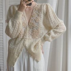 New Women Korean Elegant Mohair Sweater Cardigan Spring Autumn Hollow Beaded Pearl Button Up Knitted Sweater Ladies Coat