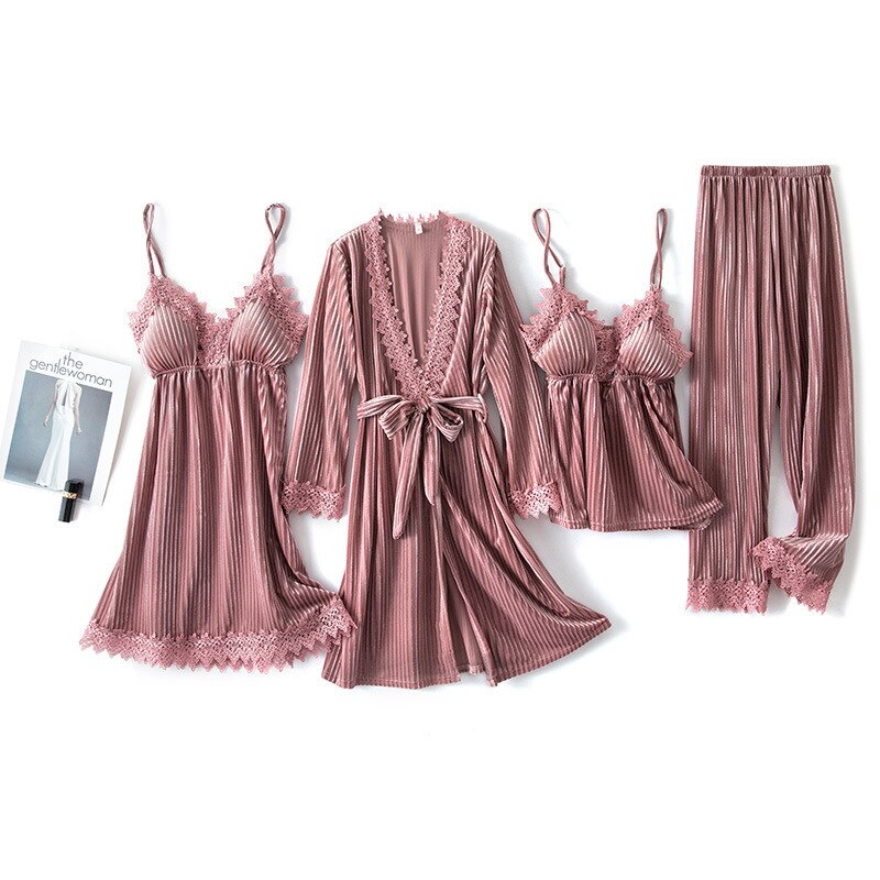 Sexy Women Lace Trim 4PCS Pijamas Suit Sleepwear Velvet Pajamas Set Intimate Lingerie Autumn Winter Loose Home Clothes Nightwear