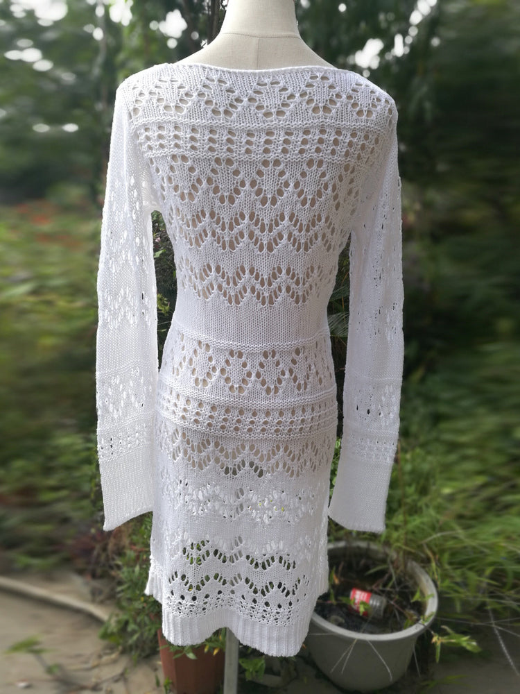 Crochet Knitted Sexy Summer Beach Dress Women V Neck See Through Sweater Dresses Solid Long Sleeve Casual Bikini wear