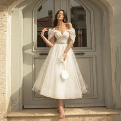 Charming Ankle Length Wedding Dress V Neck Off Shoulder Pleats Tulle A Line Bridal Gowns Vestido De Noiva