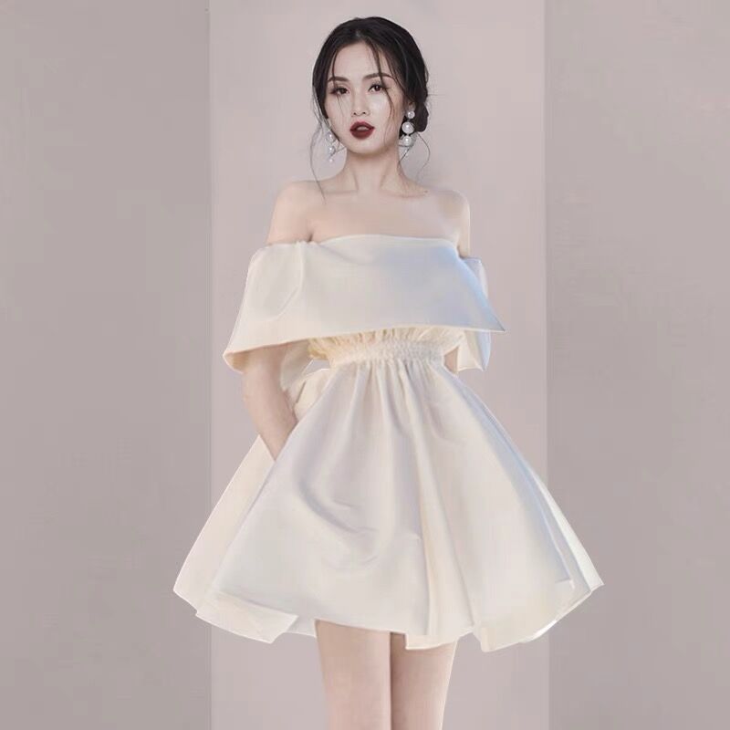 Lizakosht  Slash Neck Summer Party Dress Women High Waist Mini Dress Plus Size White Elegant Luxury Evening Zipper A-Line Office C864