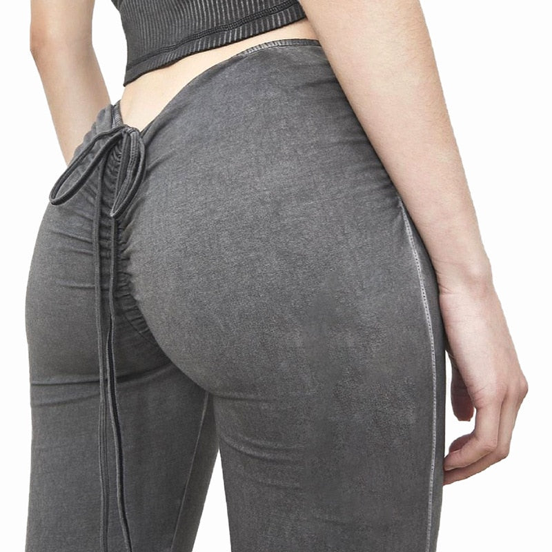 New Y2K Low Waist Flare Pants Women Drawstring Ruched uffed sexy Long Trousers Elastic Casual Streetwear Fashion Bandage Bottom