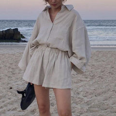 Summer Casual Two-piece Suit 2022 Women's Retro Fashion Shorts Suites Shirt High Waist Loose Bohemian Shorts Women's Suit Top