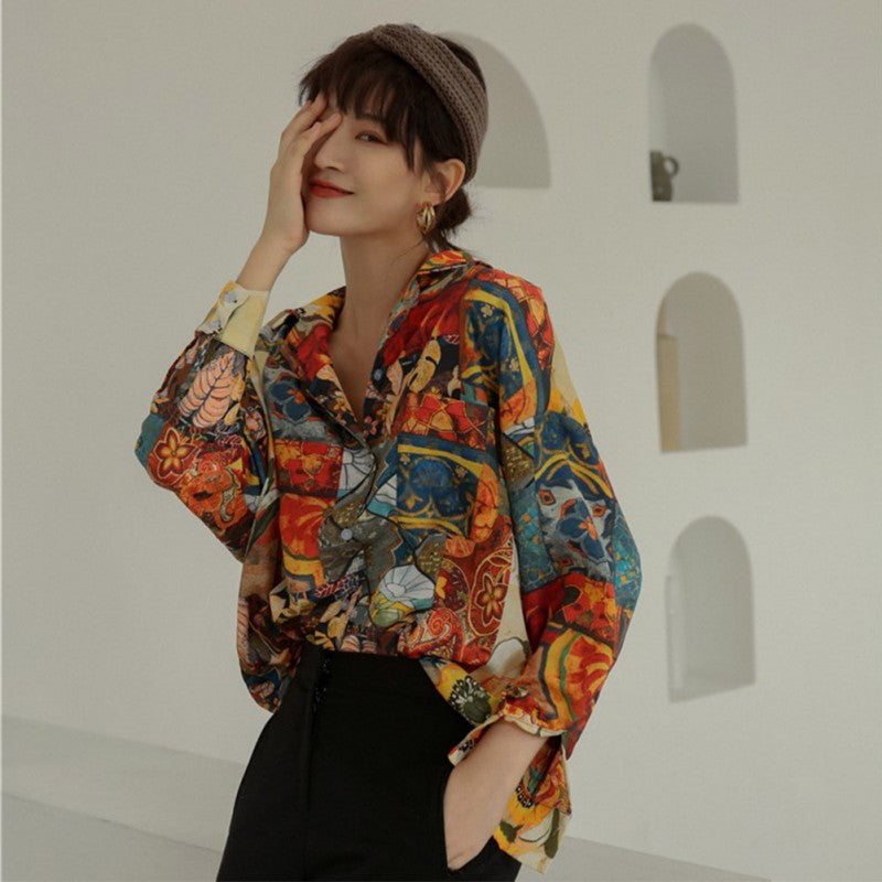 Women Retro Sunflower Print Shirt Oil Painting Print Design Blouse Girl Loose Lapel Tops and Blouses 2021  New