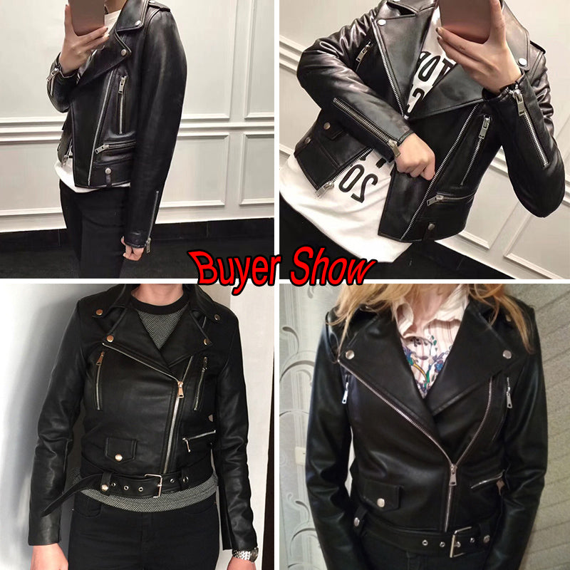 Lizakosht New Women Spring Autumn Black Faux Leather Jackets Zipper Basic Coat Turn-down Collar Motor Biker Jacket With Belt