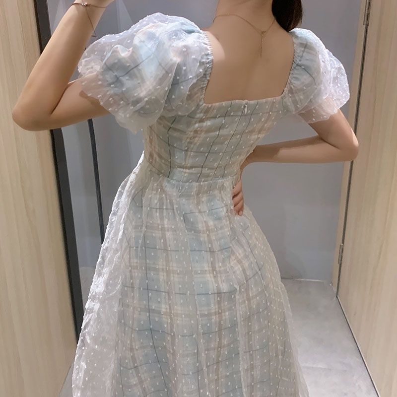 Lizakosht Puff Sleeve Vintage Plaid Dress Women Lace Princess Dress for Women Square Collar Evening Party Midi One Piece Dress Summer