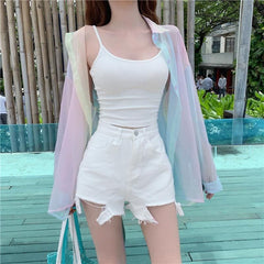 Summer Transparent Blouse Y2k Korean Fashion Beach Shirt Girls Aesthetic Long Sleeve Cardigan Rainbow Womens Sheer Top