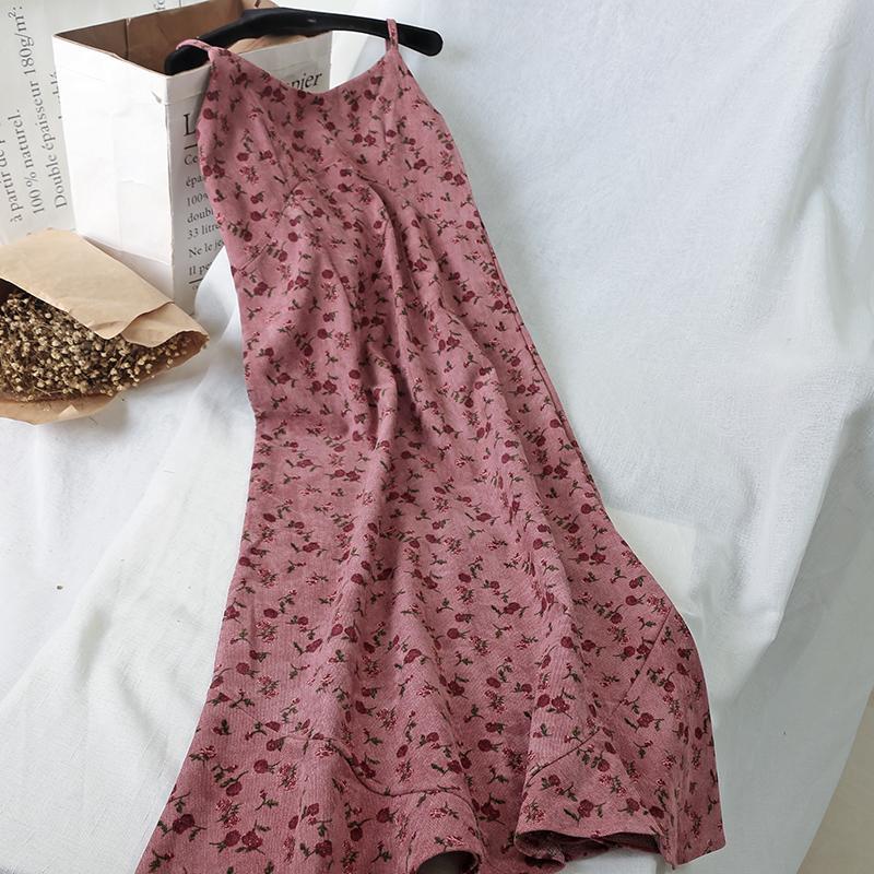 Bella philosophy 2022 women printed v-neck dress lady elegant Corduroy France dress female spaghetti strap spring vestidos