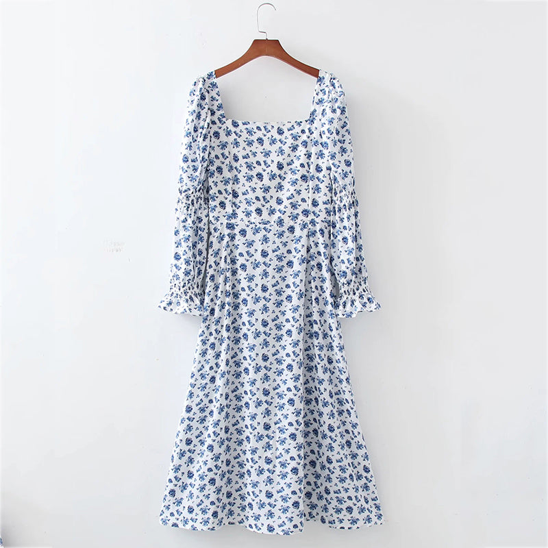 Lizakosht  Floral Print Summer Dress Women Boho Slit Maxi Long Dress Vintage Beach Dress Puff Sleeve A-line Blue Sundress