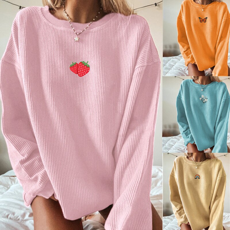 Strawberry Sweatshirt Women Casual Lounge Wear Print Long Sleeve O Neck Pullovers Sweatshirt Tops Pink Vintage Autumn Sweatshirt