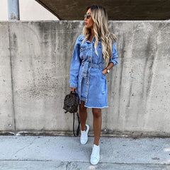 Lizakosht Vintage Washed Denim Belt Dress Rivet Long Sleeve Turn-Down Collar Button Party Dress Fashion Streetwear Autumn Winter