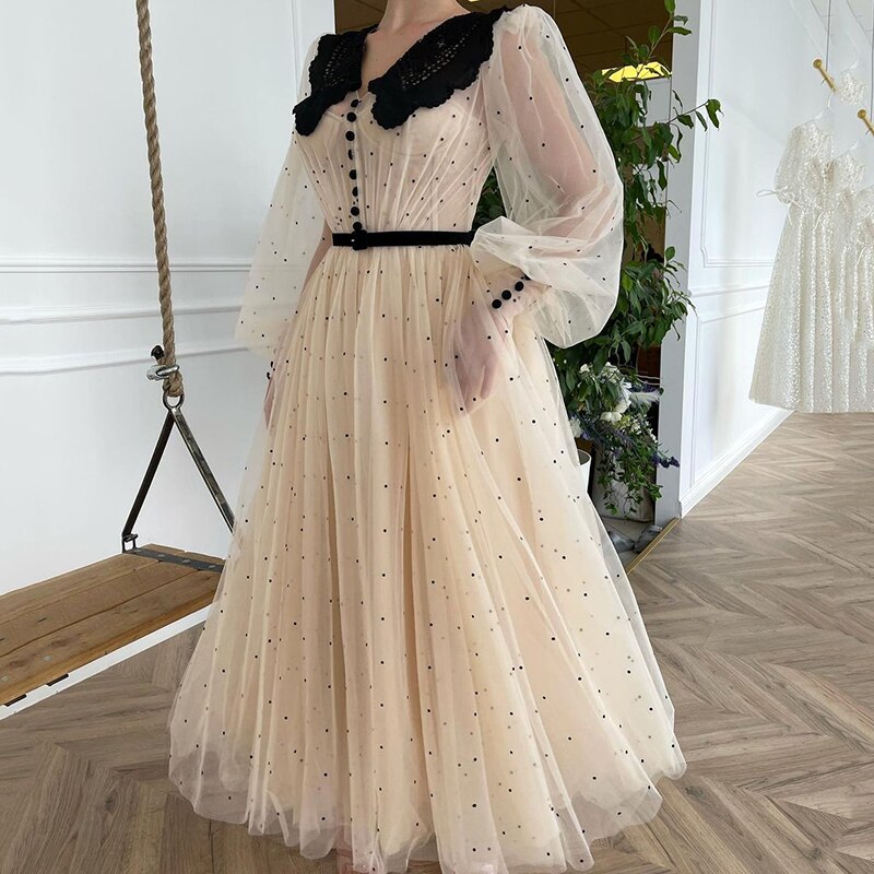 UZN New Arrival Champagne V-Neck Long Puff Sleeves Dot Tulle Prom Dress Elegant A-Line Tea Length Evening Dress Plus Size