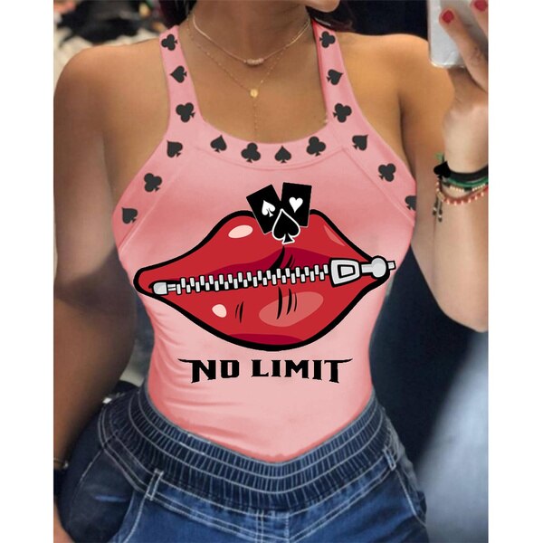 Summer Ladies Harajuku Shirts Slim Fit Polyester Sleeveless Top Tshirts Tank Tops Women U Neck Letter Print Lips Vest