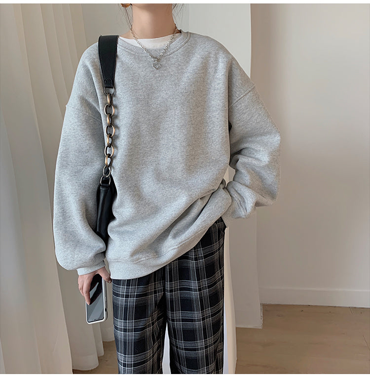 Spring Fleece Thick Sweatshirt Vintage Solid Warm O Neck Pullover Grey Brown Lady New All-match Hooded Autumn Women Coat