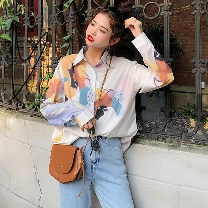 Women Retro Sunflower Print Shirt Oil Painting Print Design Blouse Girl Loose Lapel Tops and Blouses 2021  New