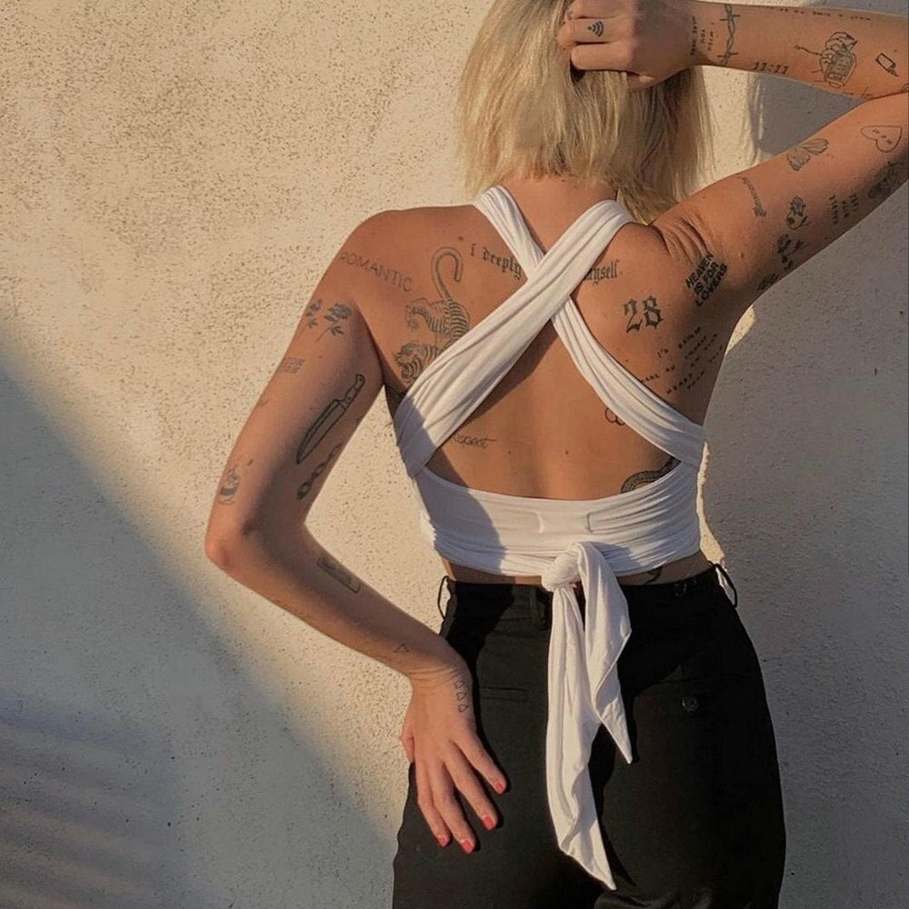 Solid Color Bandage Wrap Crop Top Women Cross Over Front Cut Out Halter Neck Sleeveless Backless Fashion Sexy DIY Tank Vest