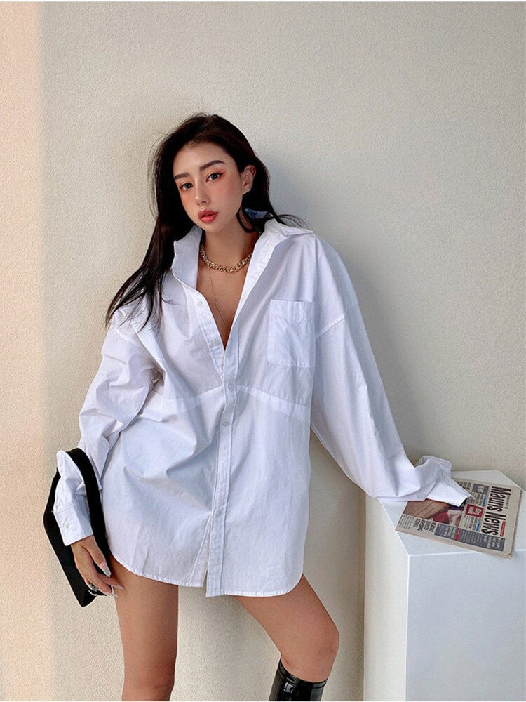 Casual White Blouse Women Long Sleeve Fashion Collar Sexy Boyfriend Style Oversized Shirt Female Pocket Female Autumn Ladies Top