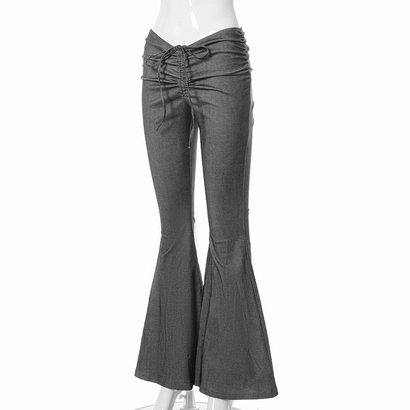 New Y2K Low Waist Flare Pants Women Drawstring Ruched uffed sexy Long Trousers Elastic Casual Streetwear Fashion Bandage Bottom