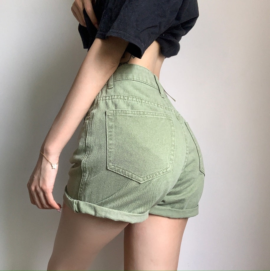 Belt High Waist Denim Shorts Looks Thin Fashion Summer Hot Sexy Korean Women Summer Boho Casual Shorts Green 9CTX