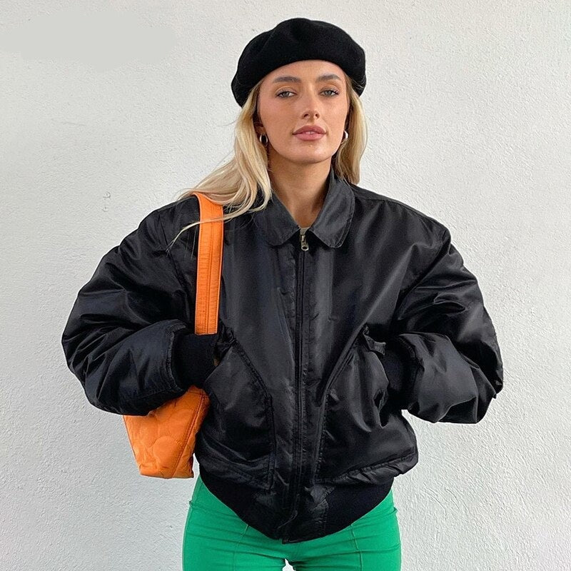 Lizakosht Streetwear Black Zipper Bomber Jacket Women Pockets Fashion Loose Autumn Coat Cool Casual Autumn Winter Jacket Basic