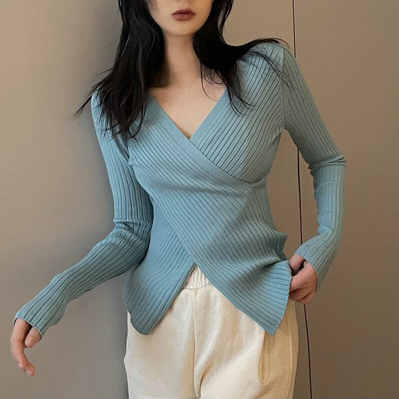 Bella 2022 new Sexy V-neck Slim Women Knit Sweater Y2k V-neck Bottoming Long Sleeve Lady Blouse All-match Autumn Pullover Tops