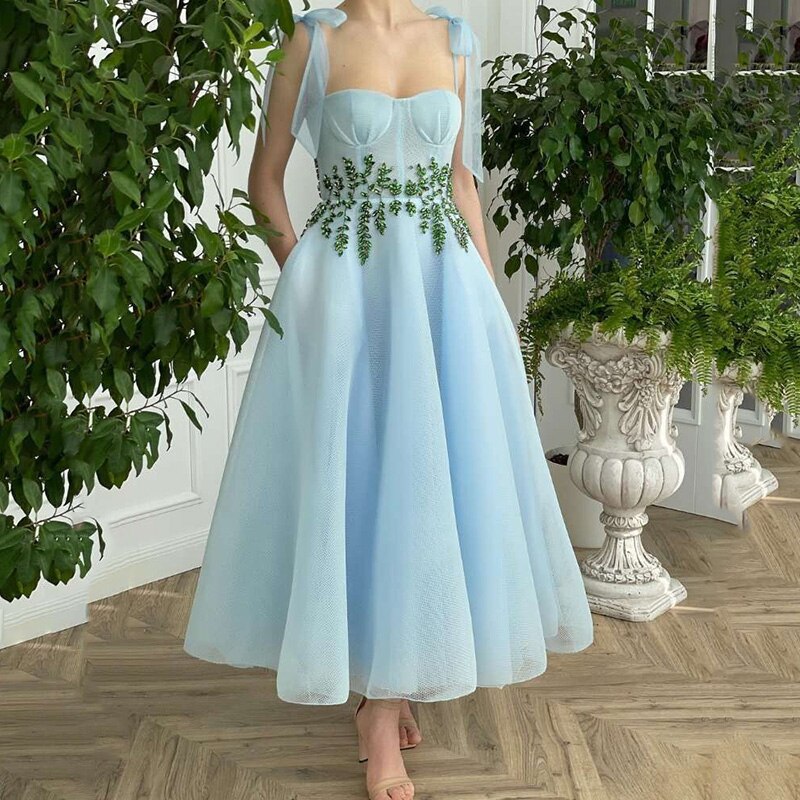 Eightree Blue Prom Dresses 2022  A-Line Spaghetti Straps Green Crystals Party Gown Tea Length Robes de cocktail Dress with Pocket