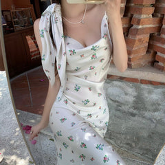 NEW Summer French Vintage Floral Dress Women Sdesign Sleeveless Elegant Midi Dress Korean Style Evening Party Dress Females