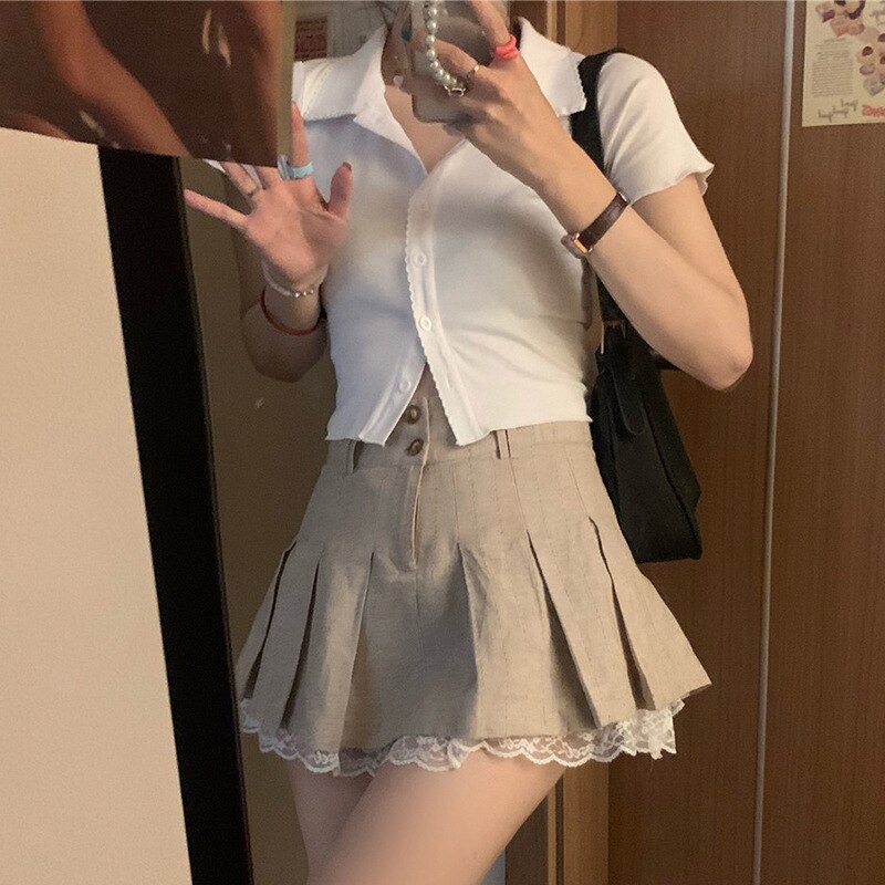 Lizakosht Grunge Fairycore Lace Double Layer Mini Skirt Button Y2K Cute Solid Pleated Skirts Elfcore Patchwork Clothes Aesthetic