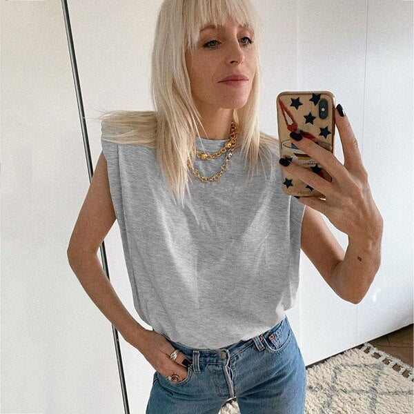 Summer Sleeveless Top Female O Neck White Women Blouse Padded Shoulder Tshirt Loose solid Chic Casual Blouses Muscle Tee Tanks