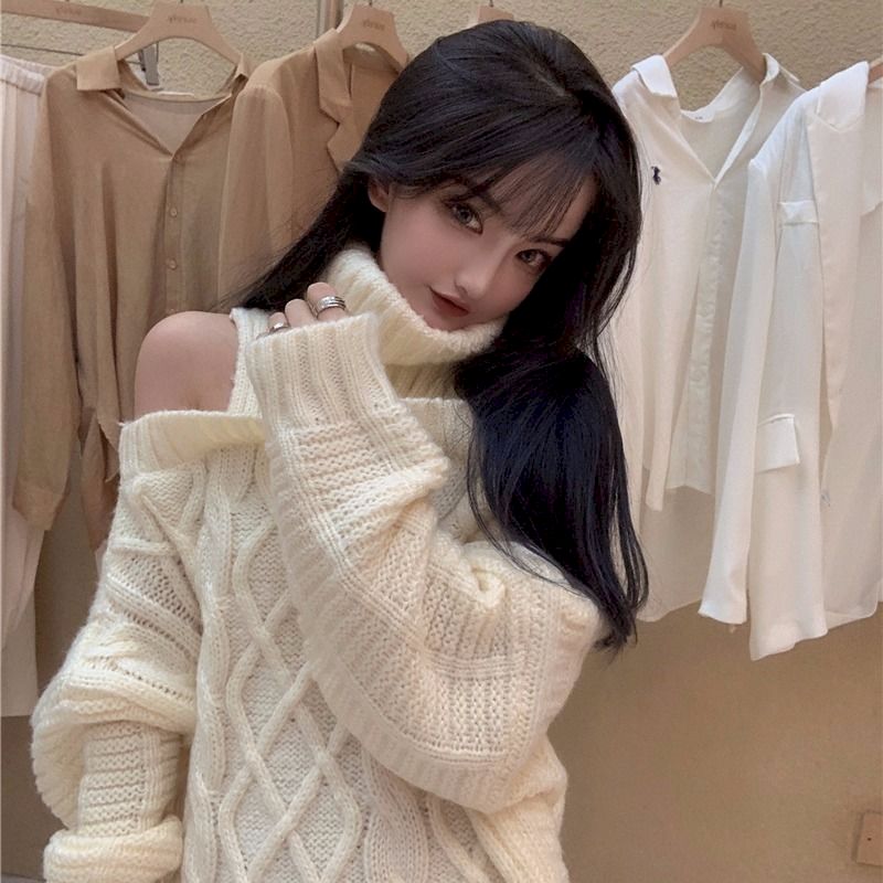 Sweater Women Design Sense High Neck Pullover Off-shoulder Knitted Sweater Women's Outer Wear Autumn And Winter Loose Wild Long