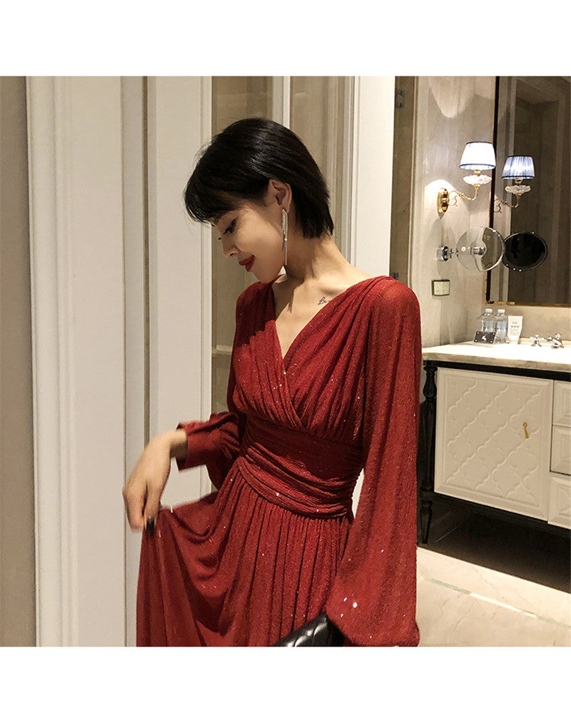 Lizakosht  Vintage Glitter Long Maxi Dress Women Spring High Waist Long Sleeve Elegant Boho Dress Shiny Party Dress Plus Size Sexy A872