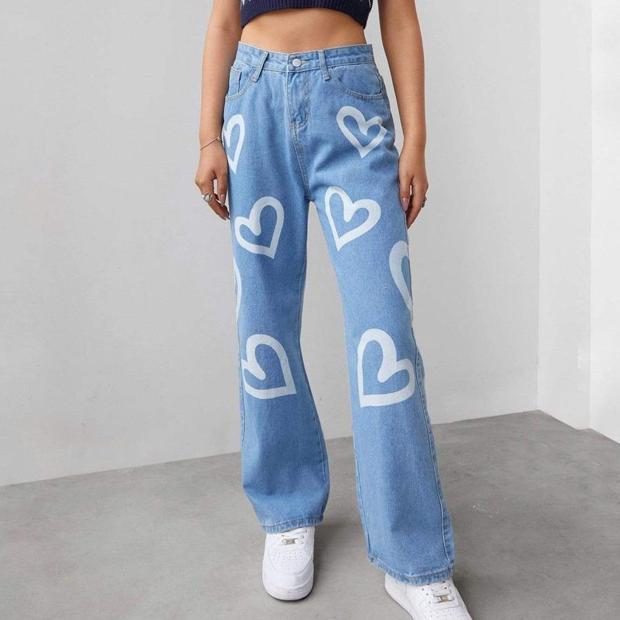 Lizakosht Fall/Winter New Woman's Heart Printed Graffiti Jeans High Waist Loose Denim Wide Leg Pants Street Hipster Trousers S-2XL